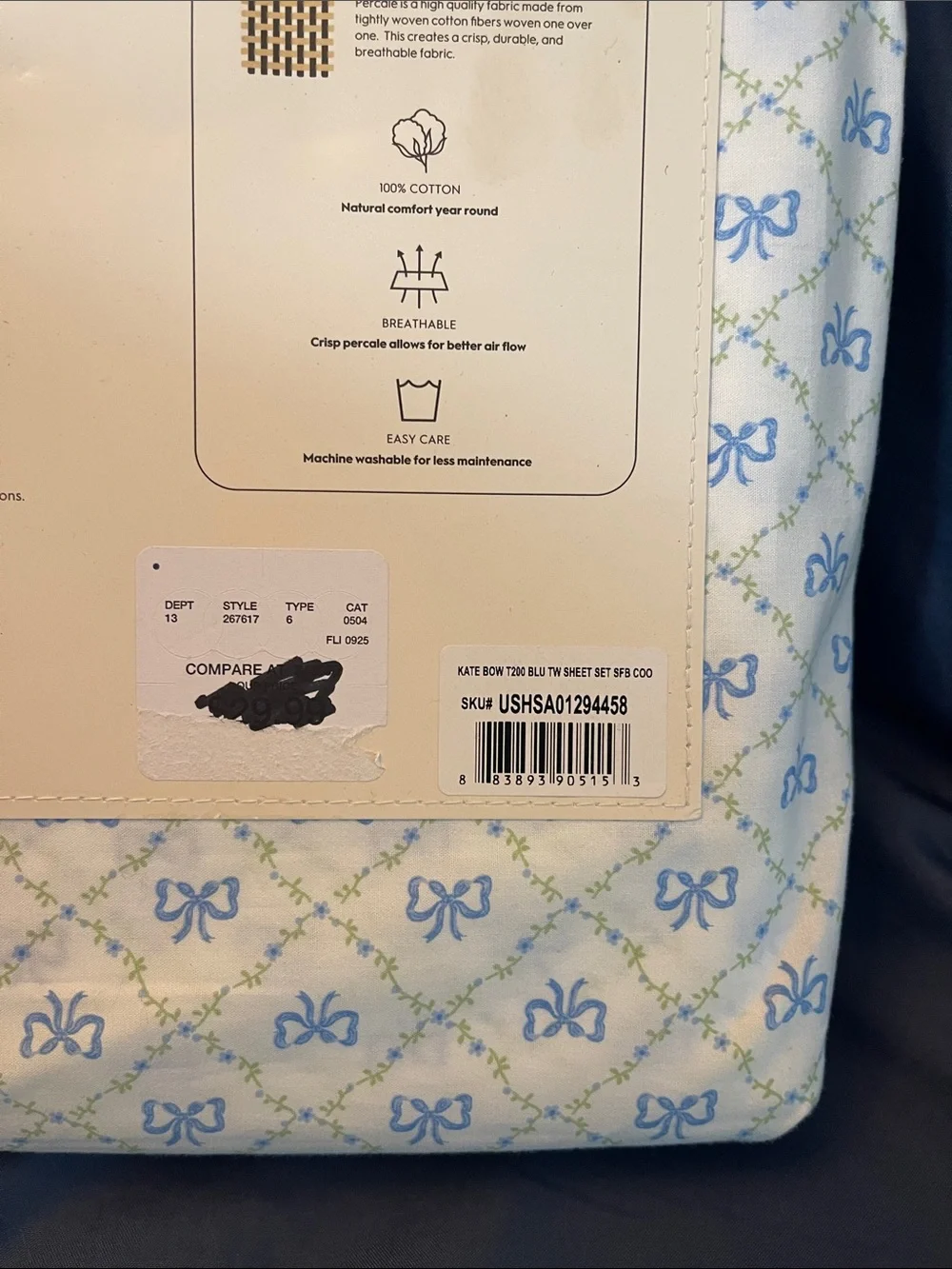 Laura Ashley Blue & White Bow Cotton Percale Twin Sheet Set